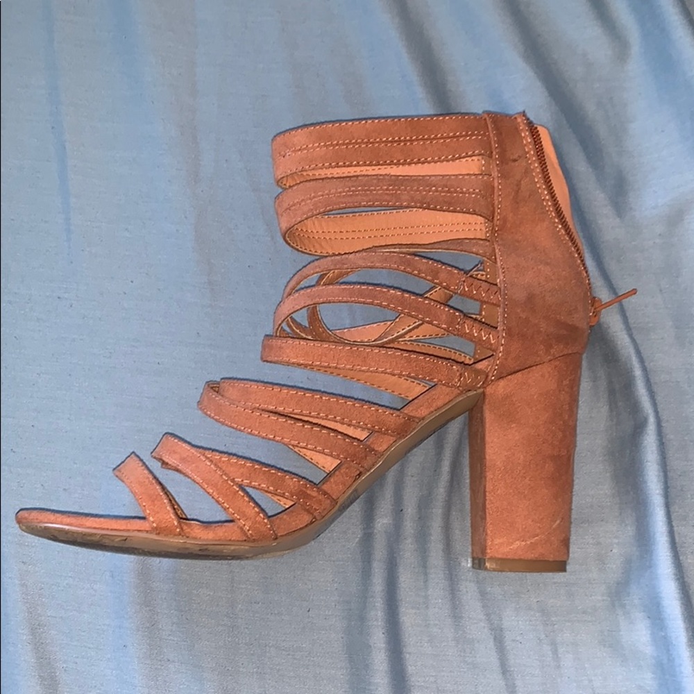 Peach pink suede strap heel